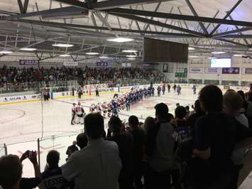 After a hard fought game that ended 4-1 Leafs, the Senators and Maple Leafs players shake hands to bring an end to a fun and unique night in Lucan. (Photo by Ryan Drury)