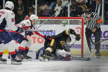 The Sarnia Sting taking on the Windsor Spitfires in Game 6 of their first round playoff matchup.  1 May 2022.  (Metcalfe Photography)
