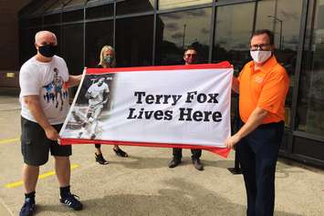 Chatham Terry Fox Run organizer Pat McMahon (left), General Manager of Corporate Services and Chief Human Resources Officer Cathy Hoffman, CAO Don Shropshire, and Mayor Darrin Canniff at the Chatham-Kent Civic Centre. September 14, 2020. (Photo courtesy of the Municipality of Chatham-Kent).