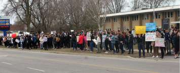Students walk out of class at Chatham-Kent Secondary in protest of changes being made to education by the Ford government. April 4, 2019. (Photo by Greg Higgins)