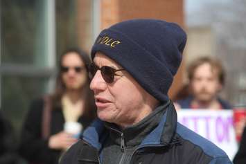 Brian Hogan of the Windsor and District Labour Council speaks at a rally at the University of Windsor, March 20, 2019. Photo by Mark Brown/Blackburn News.