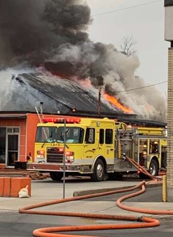 Fire at Hog Town Cycles in Lucan, April 7, 2019. (Photo courtesy of Angie Steels)