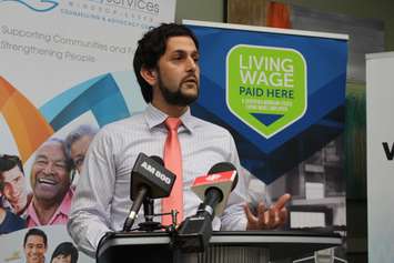 Pathway To Potential Director Adam Vasey speaks about the Living Wage campaign, August 25, 2015. (Photo by Mike Vlasveld)