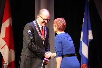 Mayor Drew Dilkens is sworn in at Windsor Councils inaugural council meeting, December 1, 2014. (photo by Mike Vlasveld)