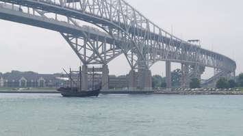 Columbus replica ships pass underneath the Blue Water Bridge June 30, 2015 (BlackburnNews.com Photo by Briana Carnegie)