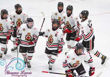 The Sarnia Legionnaires celebrate a victory versus the LaSalle Vipers.  18 November 2021.  (Shawna Lavoie Photography)