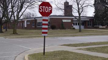 A community safety zone is set up around Bridgeview Public School in Point Edward. March 10, 2017 Blackburn News photo by Jake Jeffrey