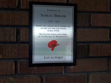 The plaque commemorating the home of Samuel Berger, who fought and was killed in the Second World War, is seen at a home on Niagara St. in Windsor, May 17, 2019. Photo by Mark Brown/Blackburn News.