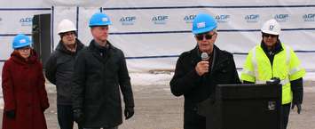 Everlast Group Principal Victor Boutin address media at the new student residency being built in downtown Chatham. February 14, 2019. (Photo by Greg Higgins)