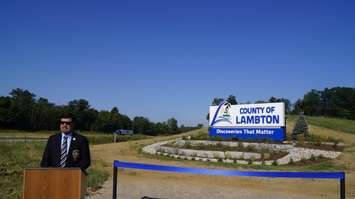 Lambton Warden Kevin Marriott speaks during the ribbon cutting ceremony for the County of Lambton gateway sign.  7 July 2022.  (Photo by Blackburn Media)