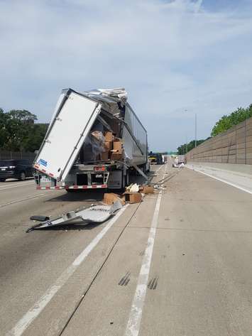 Transport crash, westbound Highway 402 in Sarnia. June 18, 2018 (Photo submitted to Blackburn News Sarnia by Cameron Fields)