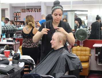 A hospice patient is treated to a day at the salon with St. Clair College students, July 19, 2016. (Photo by Maureen Revait) 