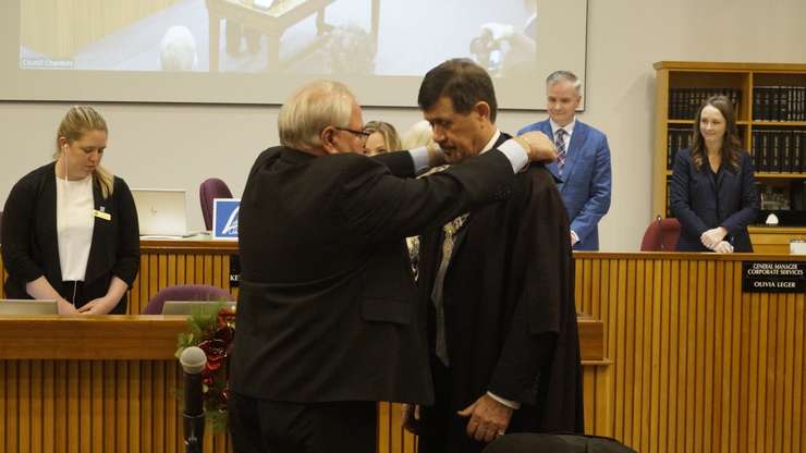 Former Lambton County Warden Bill Weber and Lambton County Warden Kevin Marriott (Photo by: Lindsay Newman/ Blackburn Media)