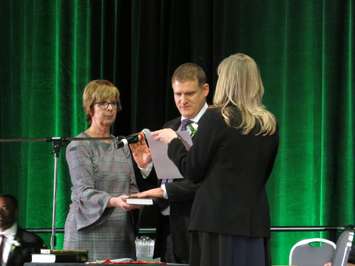 Deputy Mayor Jesse Helmer reads his declaration of office at the inaugural council meeting at the London Convention Centre, December 3, 2018. (Photo by Miranda Chant, Blackburn News)