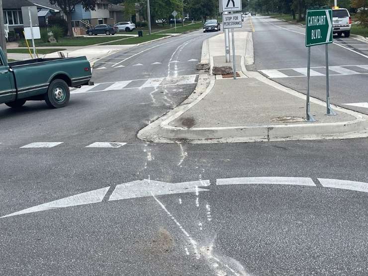 Damage caused on Cathcart Boulevard in Sarnia after collision. September 24, 2025. (Photo courtesy of the Sarnia Police Service)
