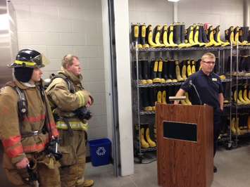 Lambton College Fire Technology Instructor Kevin Graham thanks Lanxess for its donation. 
November 28, 2014 (BlackburnNews.com photo by Melanie Irwin)