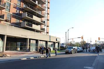 Windsor police investigate a stabbing at 810 Ouellette Ave., April 24, 2015. (Photo by Jason Viau)