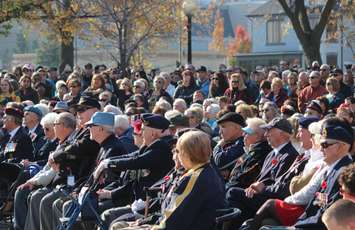 Hundreds take in Windsor's Remembrance Day ceremony at its downtown cenotaph, November 11, 2015. (Photo by Mike Vlasveld)
