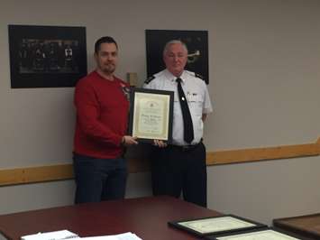 Sarnia Police Services recognizes Detective Constable Mike Howell for his efforts in establishing a successful fentanyl Patch 4 Patch exchange program in Sarnia-Lambton. December 10, 2015 (BlackburnNews.com Photo by Briana Carnegie)