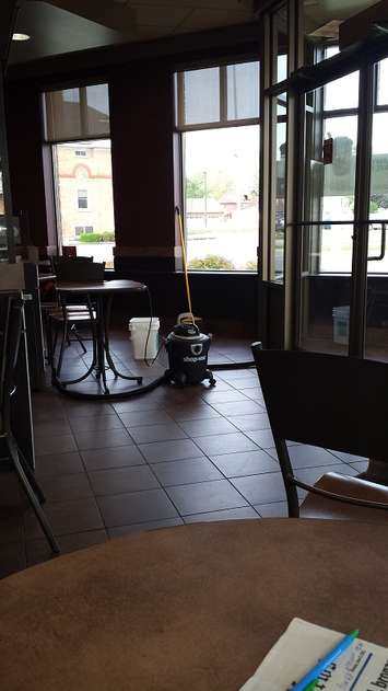 Damages after deer crashes through Tim Hortons window in downtown Chatham, June 11, 2015. (Photo courtesy of Murray Holland)