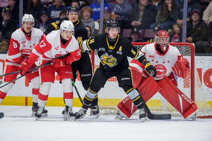 Soo Greyhounds at Sarnia Sting, March 14, 2025. Photo by Metcalfe Photography. 