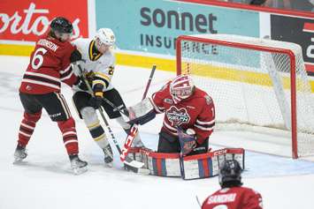 The Sarnia Sting taking on the Guelph Storm in Game 3 of the opening round playoff series. 4 April 2023. (Metcalfe Photography)