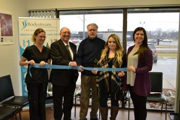 (From left to right) Catherine Willer, MPP Bob Bailey, Mayor Mike Bradley, Taitum Sammon and Erika Calhoun at the Sarnia Bodystream location for the sites grand opening. February 23, 2018. (Photo by Colin Gowdy, Blackburn News)