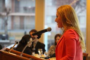 Candice Hanna, president of the Ontario Association of Social Workers Southwestern Branch, speaks at the annual general meeting held at the Windsor Yacht Club on March 10, 2016. (Photo by Ricardo Veneza)