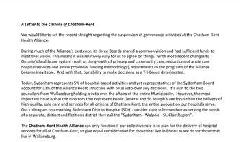 Part one of a letter from the Public General Hospital Society and St. Joseph s Health Services Association, April 22, 2016.