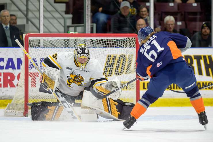 Sarnia Sting host Flint Firebirds on November 19, 2023. Photo by Metcalfe Photography. 