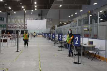 The vaccine stations at the mass vaccination clinic at the Libro Credit Union Centre in Amherstburg, March 29, 2021. (Photo by Maureen Revait) 