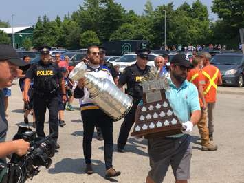 O'Reilly making his way into the Goderich arena for a photo session with fans in 2019. (Photo by Ryan Drury)