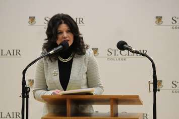 St. Clair College Senior VP of Operations Patti France speaks about taking over as school president in the fall, February 26, 2015. (Photo by Mike Vlasveld) 