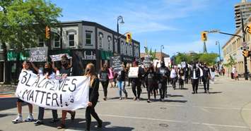 Hundreds march in Sarnia's downtown for  Black Lives Matter rally June 13, 2020 (BlackburnNews.com photo by Dave Dentinger)