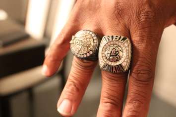 Windsor Express Head Coach Bill Jones wears the championship rings for the 2013/2014 and 2014/2015 seasons. (Photo by Ricardo Veneza)