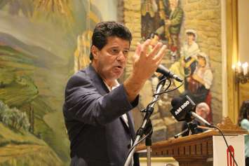 Unifor National President Jerry Dias speaks at the Ciaciaro Club in Windsor during a public health care rally, August 26, 2015. (Photo by Mike Vlasveld)