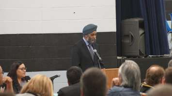 Minister of National Defence Harjit Sajjan speaks at a historic signing ceremony  to resolve outstanding issues regarding the former Camp Ipperwash lands. April 14, 2016 (BlackburnNews.com Photo by Briana Carnegie)