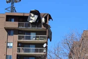 Wind damage at an apartment building on Wyandotte St. E near George Ave. March 8, 2017. (Photo by Maureen Revait)