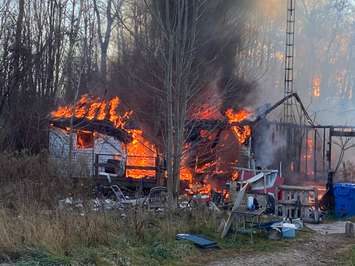 The scene of a structure fire on School House Line in Moraviantown. November 8, 2022. (Photo courtesy of Chatham-Kent Fire and Emergency Services via Twitter)