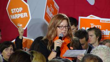 Essex NDP candidate Tracey Ramsey speaks during NDP Leader Tom Mulcair's visit to the Town of Essex, October 4, 2015. (Photo by Jake Kislinsky)
