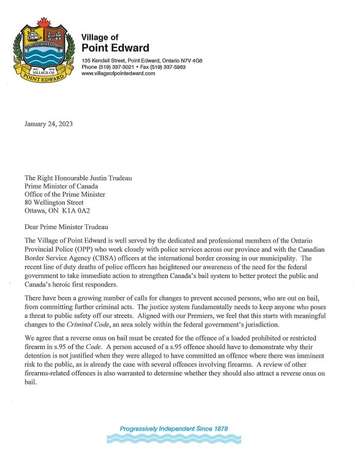 A letter from the Village of Point Edward to the Federal Government on the need for bail reform. January 2023. 