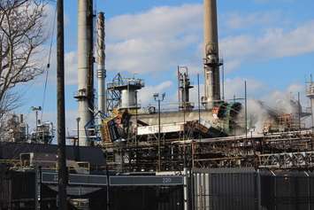 A collapsed fuel processing tower at Sarnia Imperial refinery Apr. 3, 2019 (BlackburnNews.com photo by Dave Dentinger)
