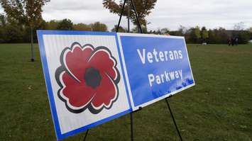Veterans Parkway sign unveiled in Sarnia's Heritage Park near Highway 40. October 16, 2019. (BlackburnNews.com photo by Colin Gowdy)