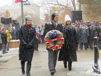Local MPs Peter Fragiskatos, Kate Young, and Lindsay Mathyssen place a wreath at the Cenotaph in Victoria Park, November 11, 2019. (Photo by Miranda Chant, Blackburn News)