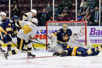 Sting forward Ty Voit fires a shot on goal versus Erie. November 7, 2021.  (Metcalfe Photography)