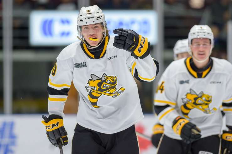Guelph Storm at Sarnia Sting, Nov 26, 2023. Photo by Metcalfe Photography. 