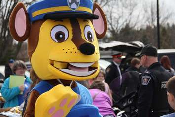 Chase – from the children's show Paw Patrol – surprised youngsters at the 'Egg' - stravaganza event in Kingston Park on Monday. (photo by Michael Hugall)  