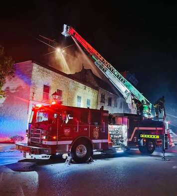 Fire crews tend to a fire on King St. in downtown Forest. June 16, 2021. (Photo by Petrolia & North Enniskillen Fire Department)