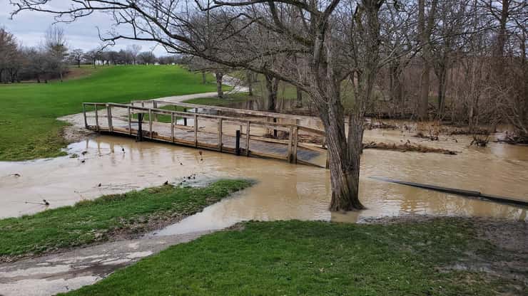 Flooding around a bridge. April, 2026. Image courtesy of St. Clair Parkway Golf Club Facebook page.