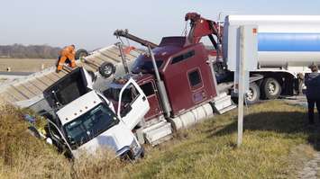 A collision between a pickup truck and transport truck. 6 November 2020. (BlackburnNews.com photo by Colin Gowdy)